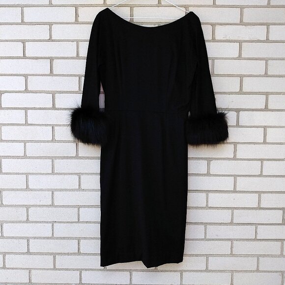 Vintage Black Dress with Fur Cuffs 38.25"B 50s 60s Retro Glamor Wide Neckline - Picture 2 of 16